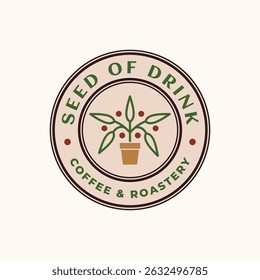 Simple logo with round badge style of coffee tree plant in small pot with some red coffee bean. Fresh product of the arabica and robusta, hot and ice drink.