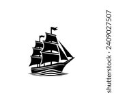 Simple Logo Sailing Ship and Sea Wave