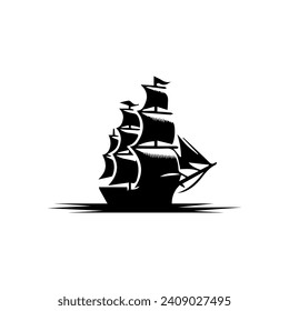 Simple Logo Sailing Ship and Sea Wave