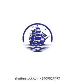 Simple Logo Sailing Ship and Sea Wave