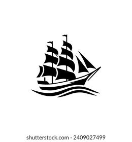 Simple Logo Sailing Ship and Sea Wave