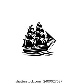 Simple Logo Sailing Ship and Sea Wave