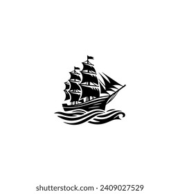 Simple Logo Sailing Ship and Sea Wave