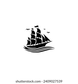 Simple Logo Sailing Ship and Sea Wave