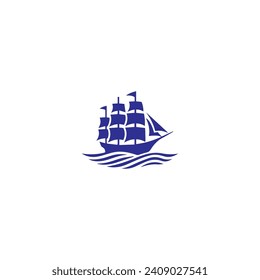 Simple Logo Sailing Ship and Sea Wave