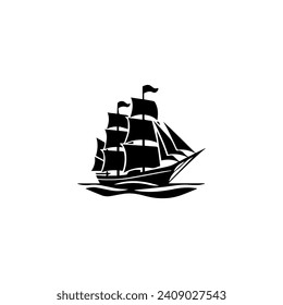 Simple Logo Sailing Ship and Sea Wave