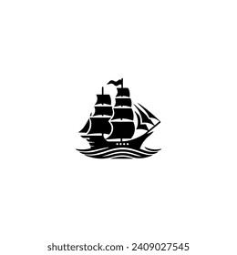 Simple Logo Sailing Ship and Sea Wave