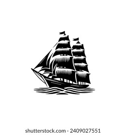 Simple Logo Sailing Ship and Sea Wave
