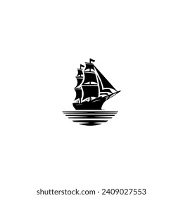 Simple Logo Sailing Ship and Sea Wave