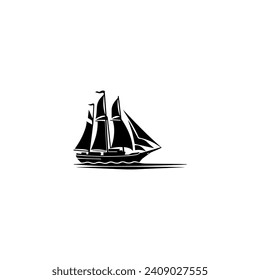 Simple Logo Sailing Ship and Sea Wave