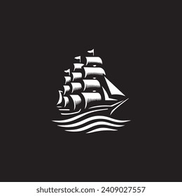 Simple Logo Sailing Ship and Sea Wave