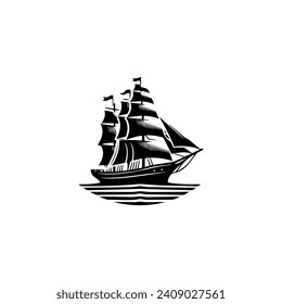 Simple Logo Sailing Ship and Sea Wave