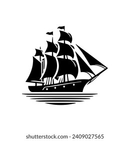 Simple Logo Sailing Ship and Sea Wave