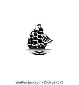 Simple Logo Sailing Ship and Sea Wave