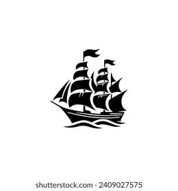 einfaches Logo-Segelschiff und Meereswelle