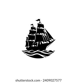 Simple Logo Sailing Ship and Sea Wave