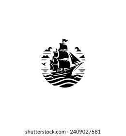 Simple Logo Sailing Ship and Sea Wave