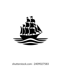Simple Logo Sailing Ship and Sea Wave