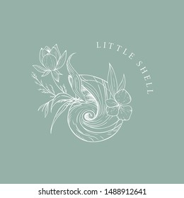 Simple logo with a sea shell complemented by flowers. Hand drawn vector illustrations. Perfect for labels, badges, logo, branding.