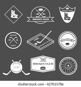 Simple logo set in vector. Creative monochrome badge. Hockey club, championship, sport elements. Perfect for banners, stickers.