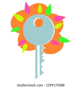 A simple logo: a silver key on a bright neon abstract background with leaves