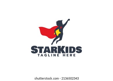 a simple logo with a super child jumping while holding a star