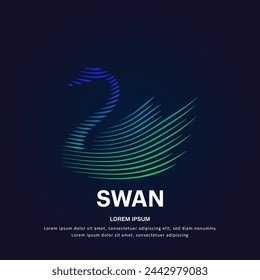 Ilustración de cisne con logotipo simple en un estilo lineal. Icono de concepto de logotipo de ecología de cisne verde. Logo vectorial de color cisne silueta sobre un fondo oscuro. EPS 10