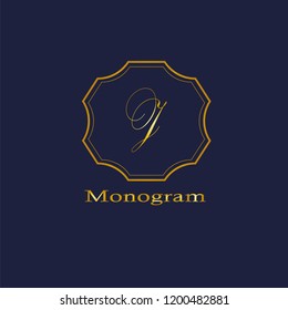 A simple logo template of a golden monogram with the letter J on a dark blue background. Design for a restaurant or cafe, shop, boutique, hotel, heraldry, office.