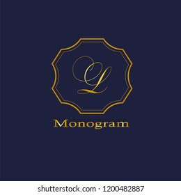 A simple logo template of a golden monogram with the letter L on a dark blue background. Design for a restaurant or cafe, shop, boutique, hotel, heraldry, office.