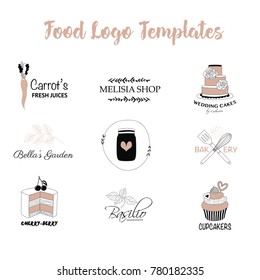 Simple logo templates with food and drinks. Cafe and bakery logotypes. Vector icons