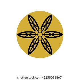 Logotipo simple, metal de flor de contorno negro texturizado sobre fondo de oro metálico.