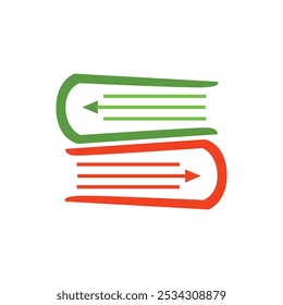 A simple logo of a two books in red and green made of lines with arrow forming a letter S 