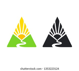 Simple logo with valley, river and rising sun in triangle shape. Mountain landscape emblem in color and black and white version. Modern vector symbol illustration.