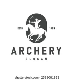 Simple logo vector silhouette of medieval warrior on horse, holding bow and arrow ready to aim. war fight or archery themed logo