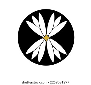 Simple logo, white flower on black background.