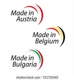 Simple logos Made in Austria, Made in Belgium and Made in Bulgaria, vector logos with Austrian, Belgian and Bulgarian colors