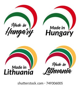 Simple logos Made in Hungary, Made in Lithuania, vector logos with Hungary, Lithuania flags.