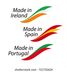 Simple logos Made in Ireland, Made in Spain, Made in Portugal, vector logos with Irish, Spanish and Portuguese flags