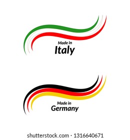 Simple logos Made in Italy, Made in Germany, vector logos with Italian, German flags.