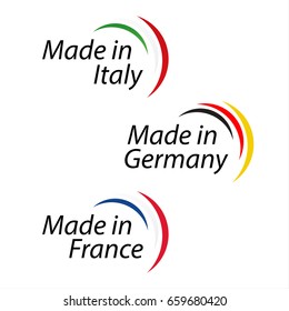 Simple logos Made in Italy, Made in Germany and Made in France, vector logos with Italian, German and French colors