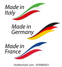 Logotipos simples Made in Italy, Made in Germany and Made in France, logotipos vetoriais com bandeiras italianas, alemãs e francesas