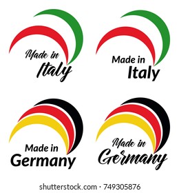 Simple logos Made in Italy, Made in Germany, vector logos with Italian, German flags.
