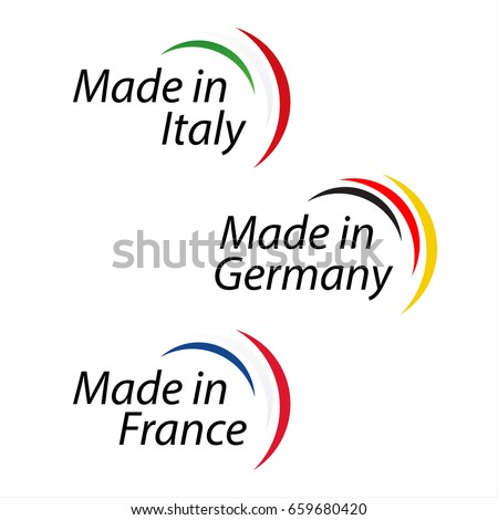 Simple logos Made in Italy, Made in Germany and Made in France, vector logos with Italian, German and French colors