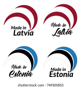 Simple logos Made in Latvia, Made in Estonia, vector logos with Latvia, Estonia flags.
