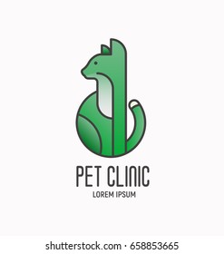 Simple logotype with cat for vet clinic, pet shop. Vector illustration in modern flat line style. 