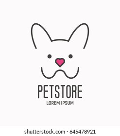 Simple logotype with dog for vet clinic, pet shop, dog training or dog shelter. Vector illustration in modern flat line style. 