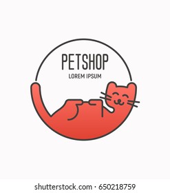 Simple logotype with happy cat lying on the back for vet clinic, pet shop or cat farm. Vector illustration in modern flat line style. 