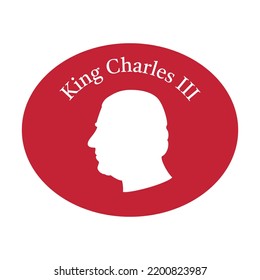 A simple logotype profile portrait of King Charles 3 housed in a medallion with signature around. Ready greeting card for celebrate a coronation of Prince Charles of Wales becomes new King of England.