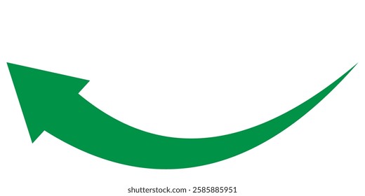 Simple long green curved arrow icon pointing up. Business, sales, economic concept, growing chart. Counterclockwise direction pointer. Green curved, arch arrow vector on white background.