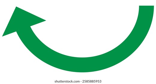 Simple long green curved arrow icon pointing up. Business, sales, economic concept, growing chart. Counterclockwise direction pointer. Green curved, arch arrow vector on white background.